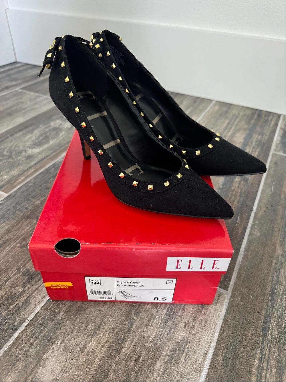 Elle Black Pointed-Toe Pumps with Gold Stud Trim